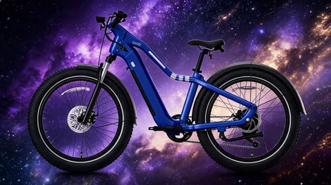 Blue electric bicycle with glowing wheels against a cosmic purple and gold nebula background
